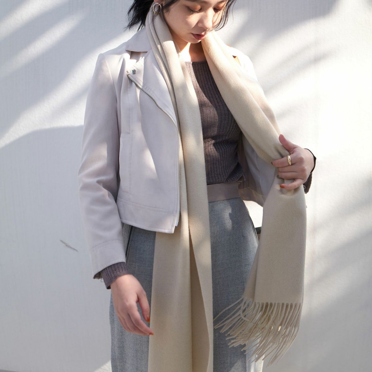 【無染色】カシミヤ100%無地ストール＜ホワイト＞