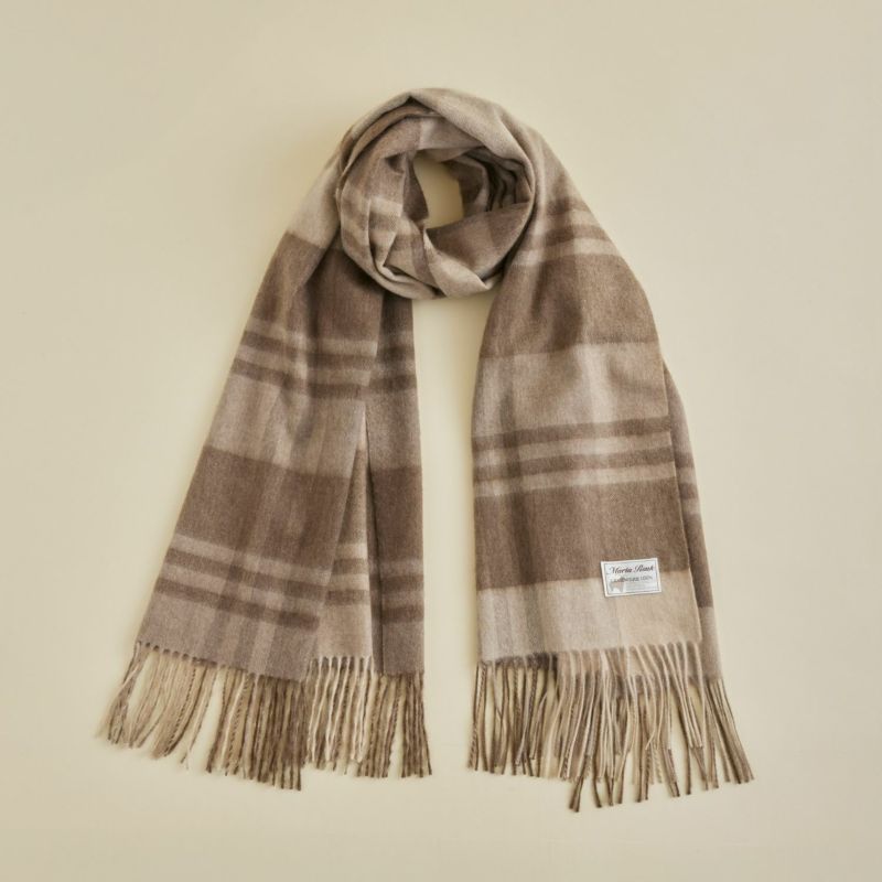 無染色】カシミヤ100%大判チェックストール＜ブラウンチェック