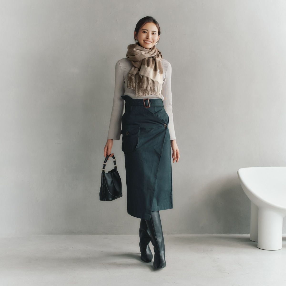 【無染色】カシミヤ100%大判チェックストール＜ブラウンチェック＞