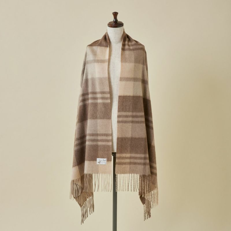 【無染色】カシミヤ100%大判チェックストール＜ブラウンチェック＞