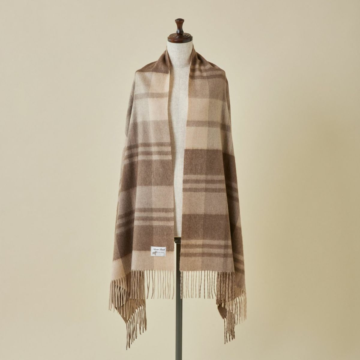 【無染色】カシミヤ100%大判チェックストール＜ブラウンチェック＞