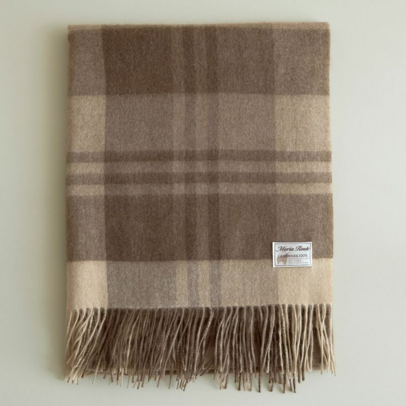 【無染色】カシミヤ100%大判チェックストール＜ブラウンチェック＞