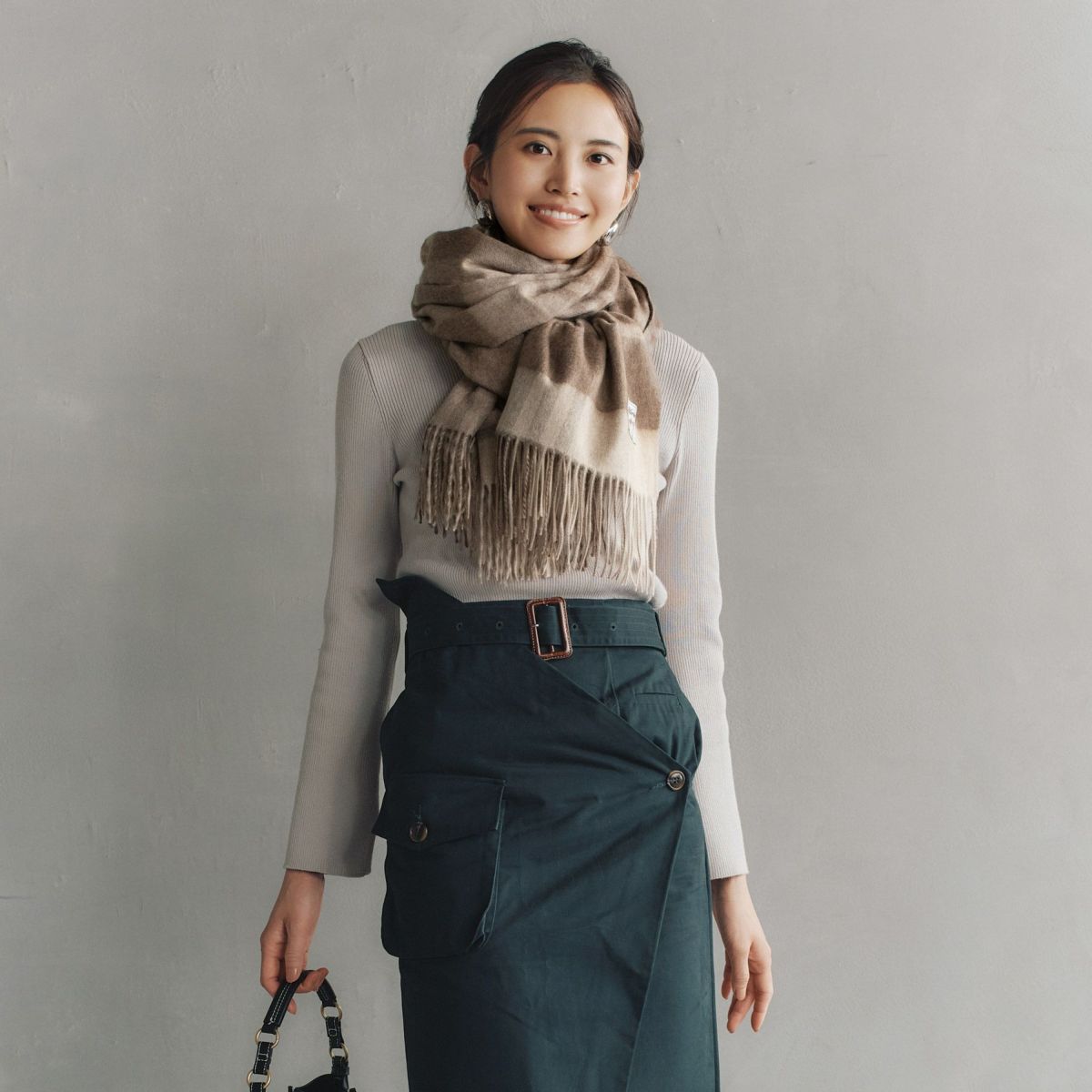 【無染色】カシミヤ100%大判チェックストール＜ブラウンチェック＞