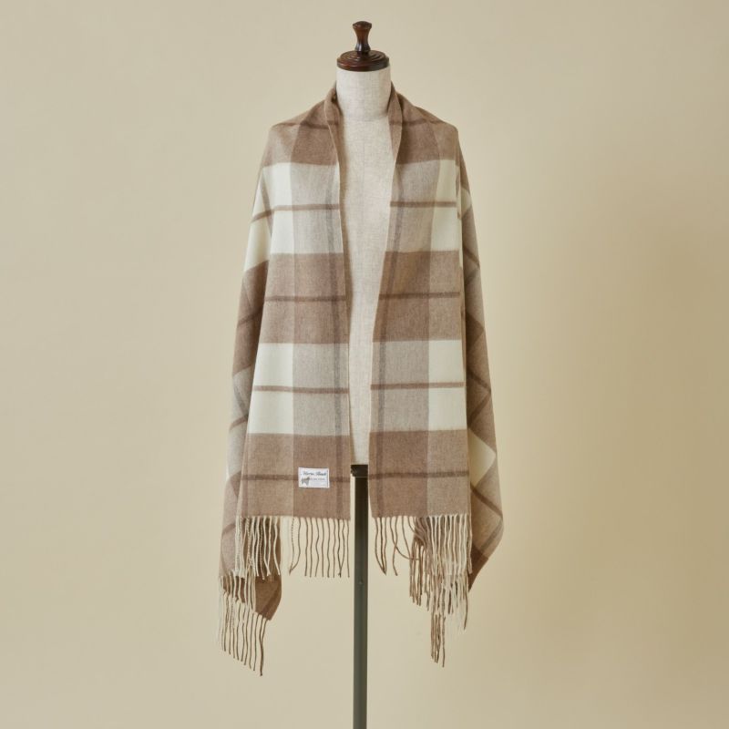 【無染色】カシミヤ100%大判チェックストール＜ブロックラインチェック＞