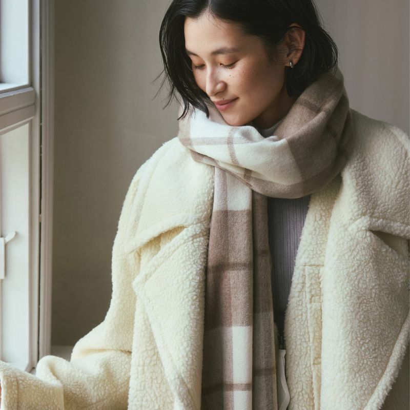 無染色】カシミヤ100%大判チェックストール＜ブロックラインチェック