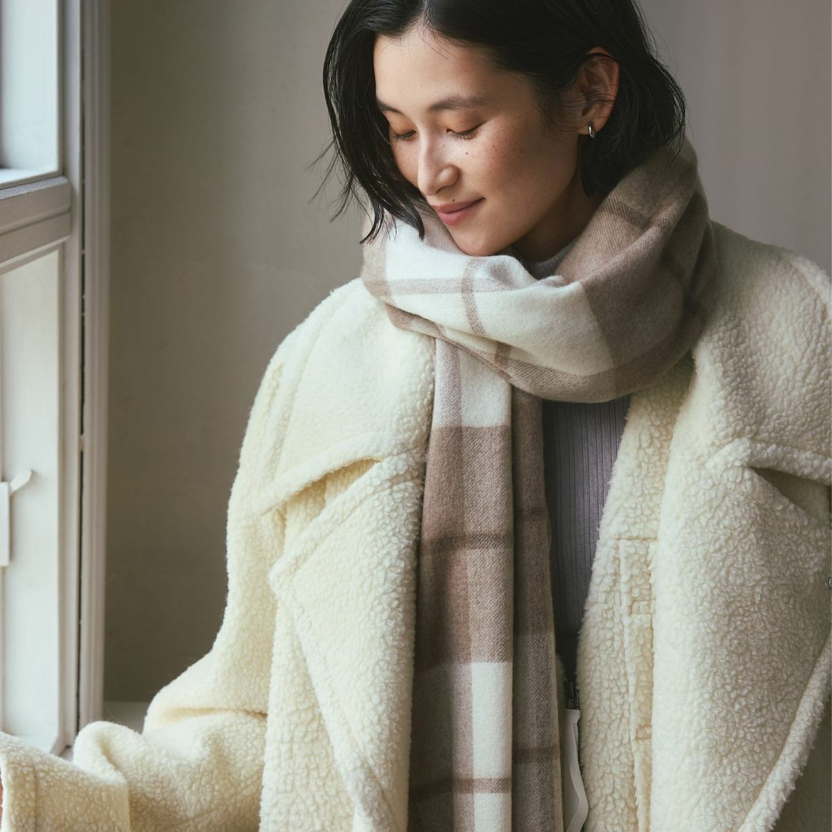 【無染色】カシミヤ100%大判チェックストール