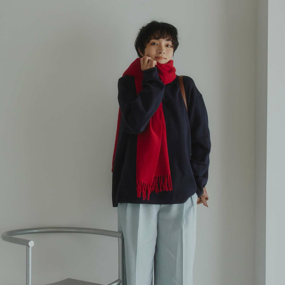 イタリア製カシミヤブレンド無地 ストール＜レッド＞