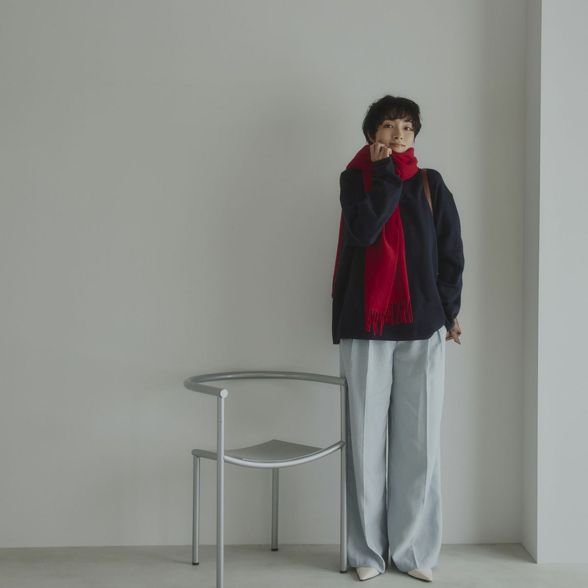 イタリア製カシミヤブレンド無地 ストール＜レッド＞