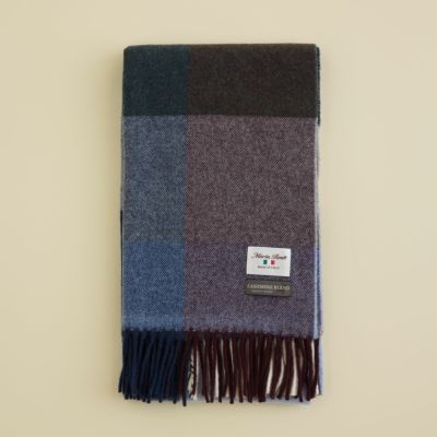 イタリア製 カシミヤブレンド ブロックチェックストール＜ネイビー＞