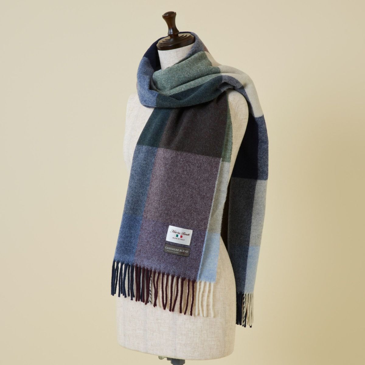 イタリア製 カシミヤブレンド ブロックチェックストール＜ネイビー＞