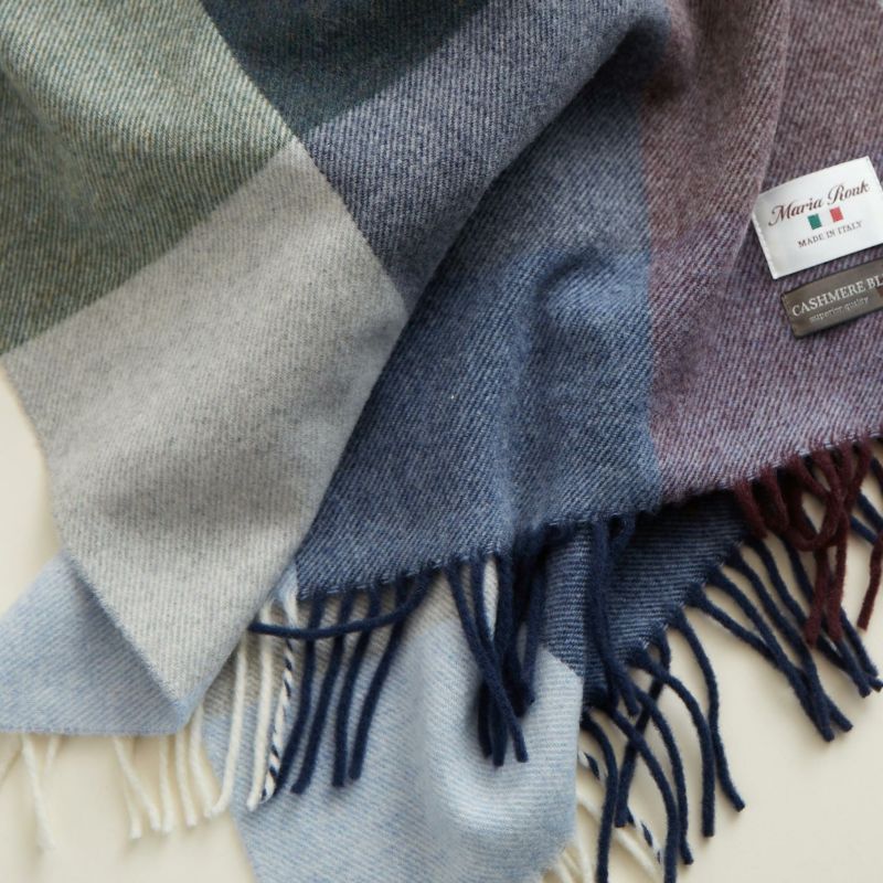 イタリア製 カシミヤブレンド ブロックチェックストール＜ネイビー＞