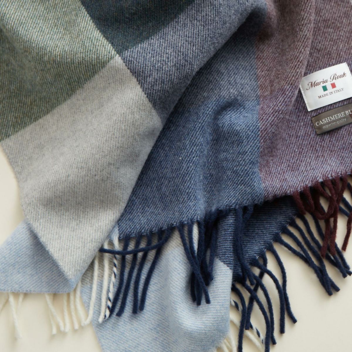 イタリア製 カシミヤブレンド ブロックチェックストール＜ネイビー＞