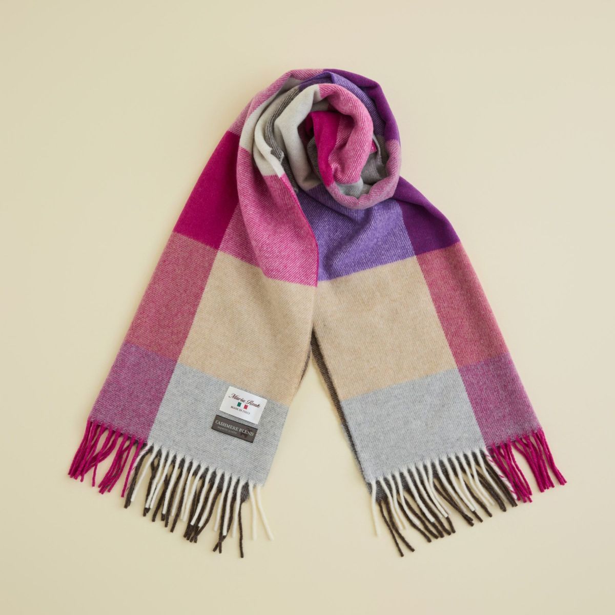 イタリア製 カシミヤブレンドブロックチェックストール＜ピンク＞