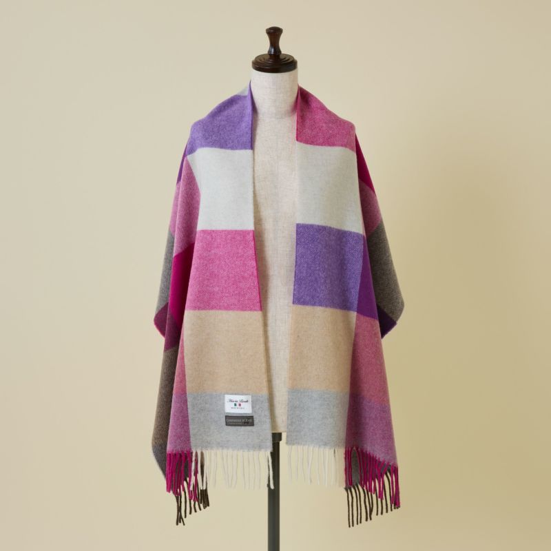 イタリア製 カシミヤブレンドブロックチェックストール＜ピンク