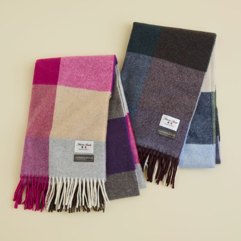 イタリア製 カシミヤブレンドブロックチェックストール＜ピンク