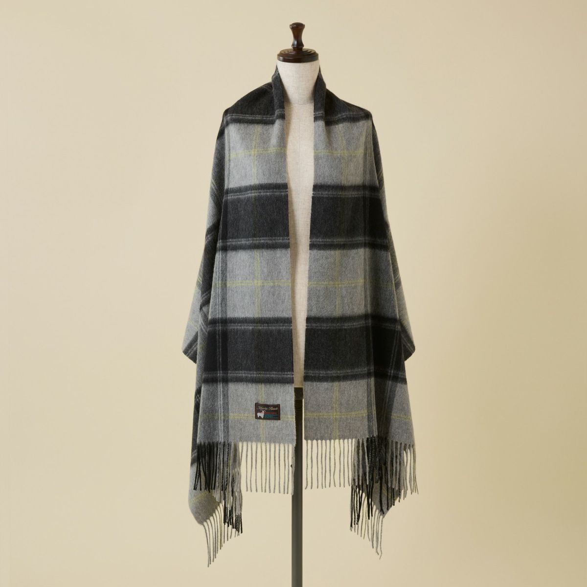 カシミヤ100%大判チェックストール＜グレー＞
