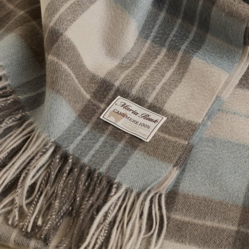 カシミヤ100%大判チェックストール＜ライトブルー×グレー＞