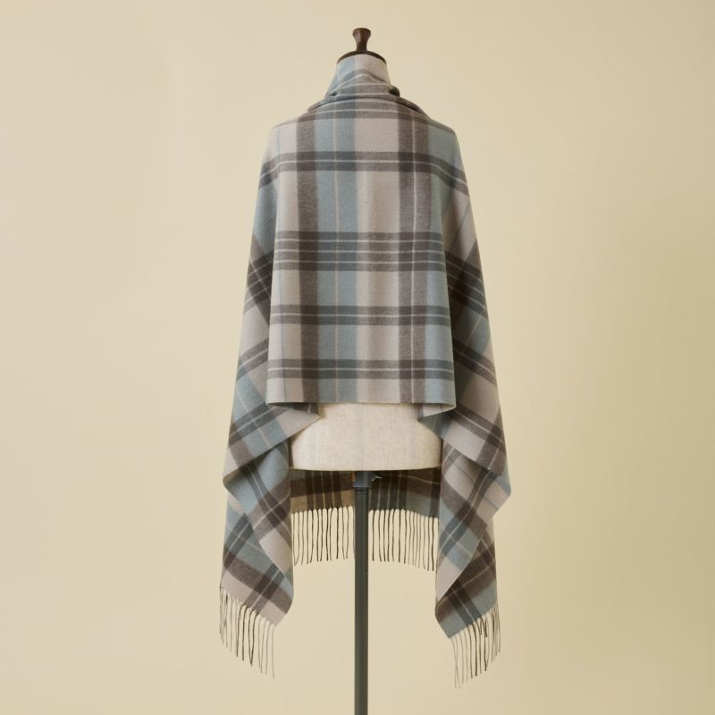 カシミヤ100%大判チェックストール＜ライトブルー×グレー＞