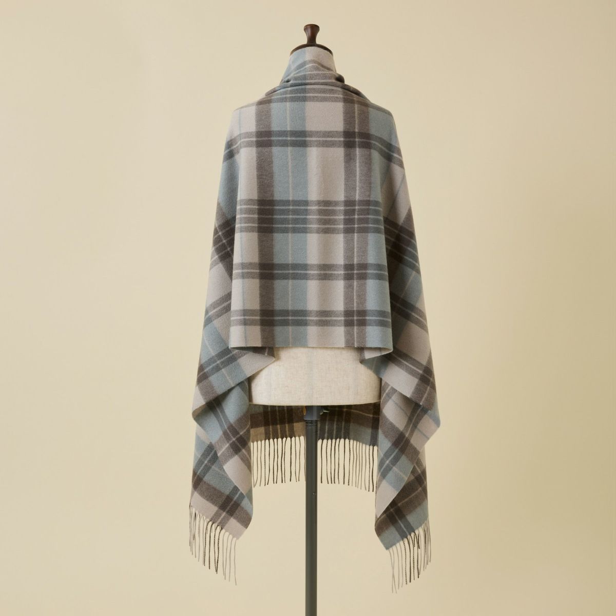 カシミヤ100%大判チェックストール＜ライトブルー×グレー＞
