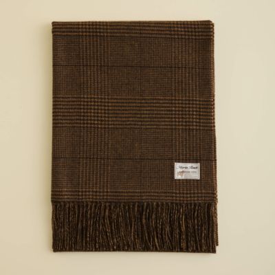 カシミヤ100%大判チェックストール＜ブラウン＞