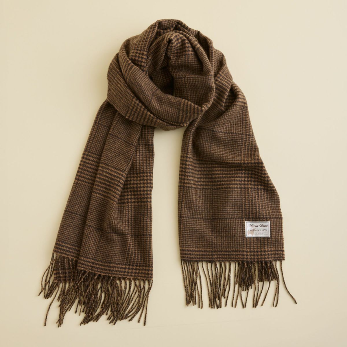 カシミヤ100%大判チェックストール＜ブラウン＞