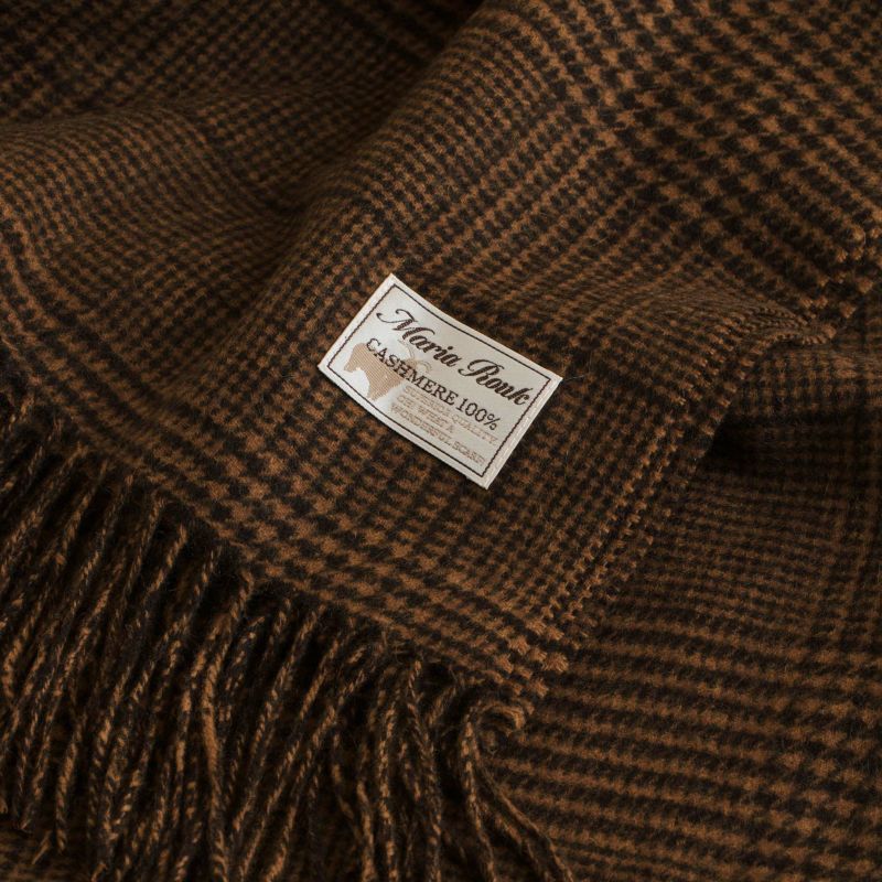 カシミヤ100%大判チェックストール＜ブラウン＞