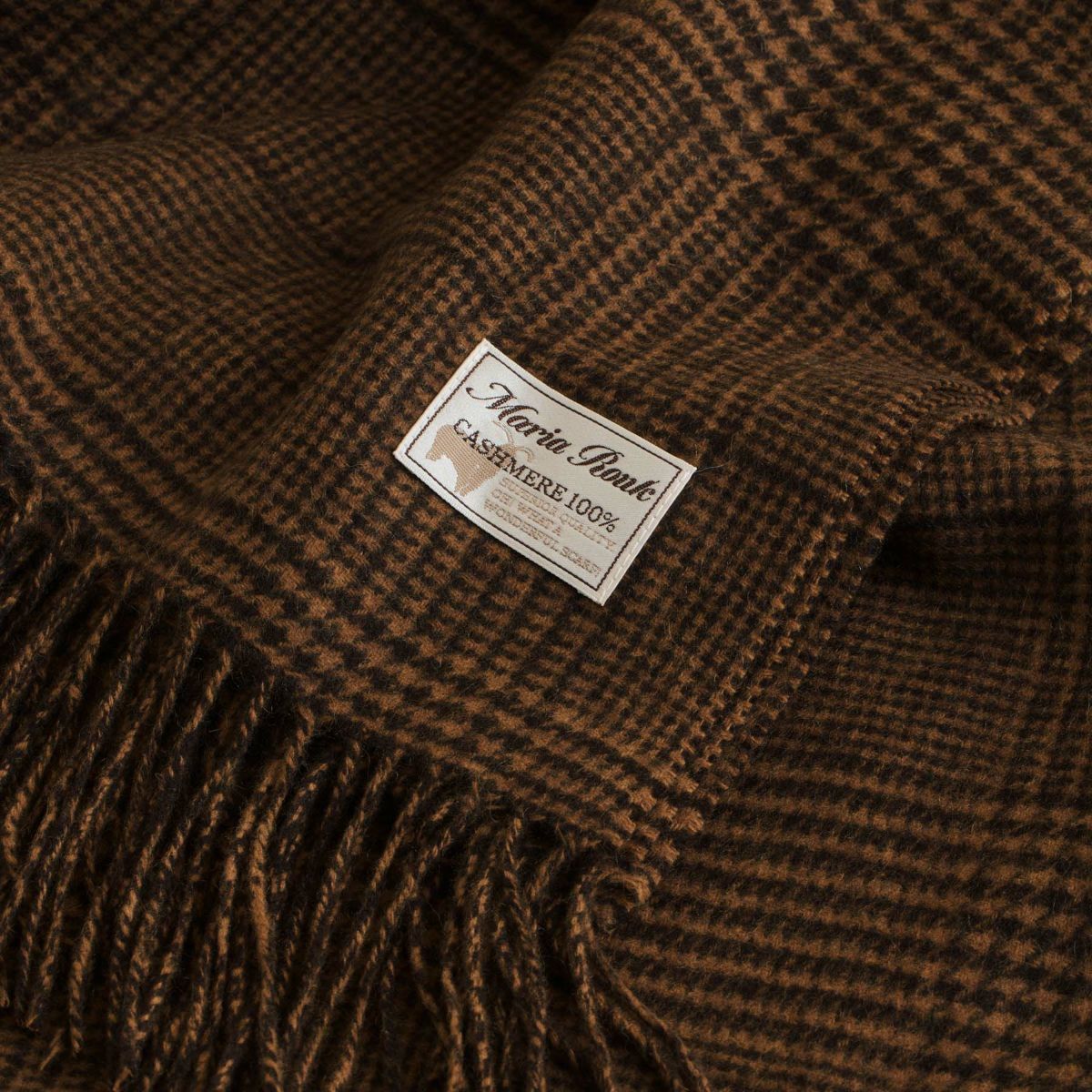 カシミヤ100%大判チェックストール＜ブラウン＞