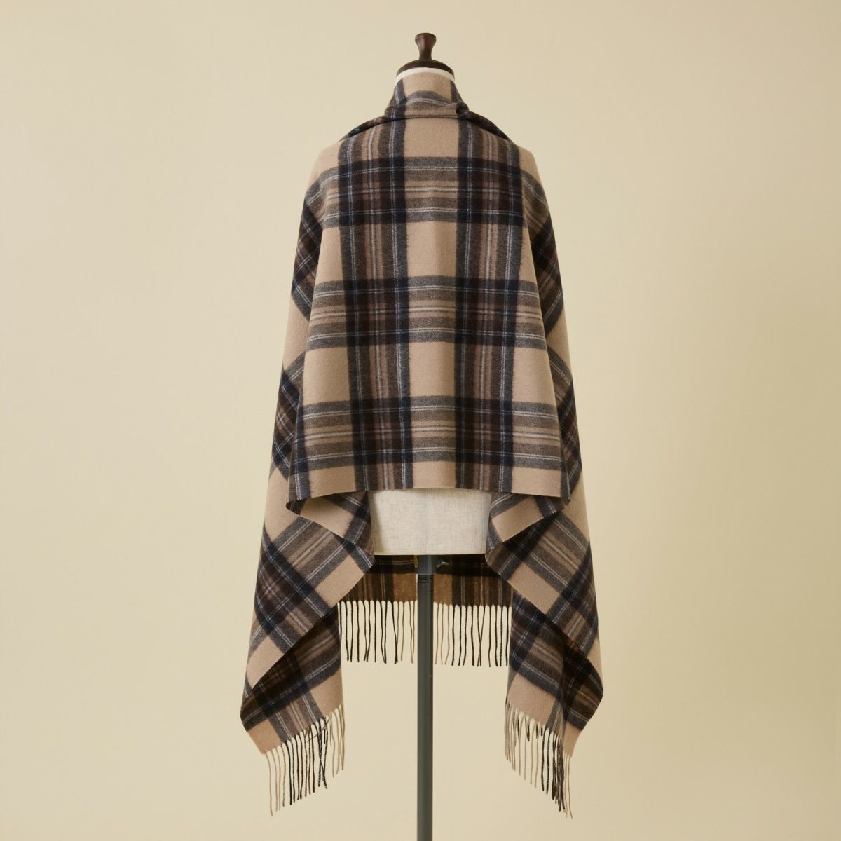 カシミヤ100%大判チェックストール＜ベージュ＞