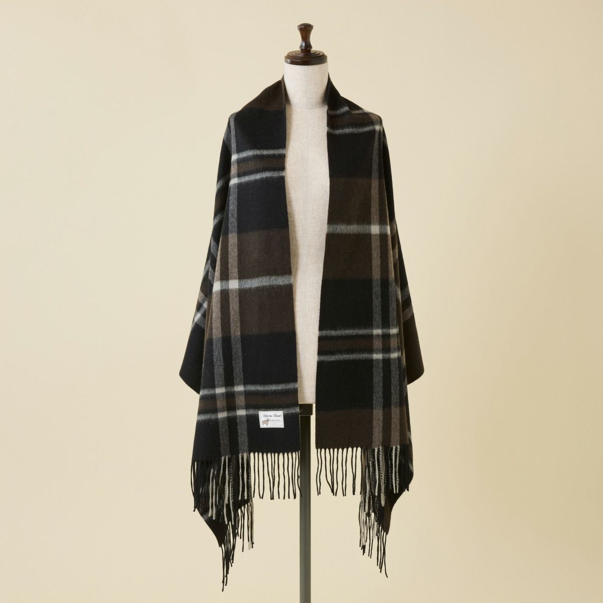 カシミヤ100%大判チェックストール＜ブラック＞