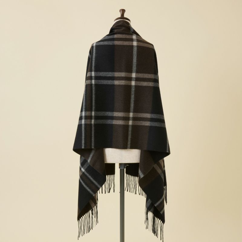 カシミヤ100%大判チェックストール＜ブラック＞