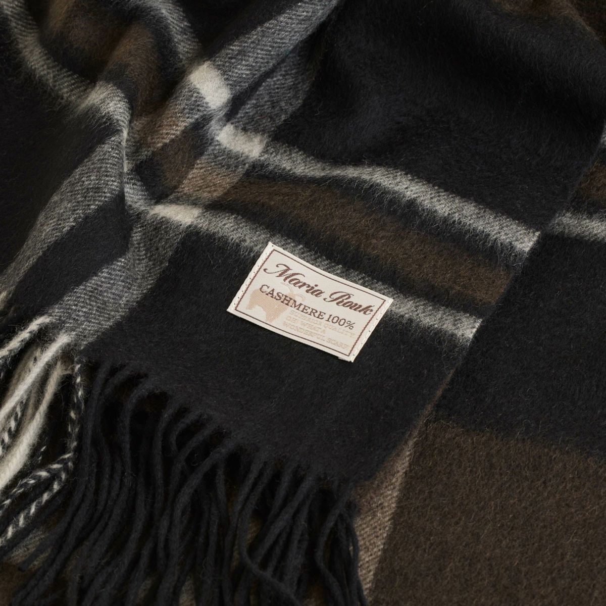 カシミヤ100%大判チェックストール＜ブラック＞
