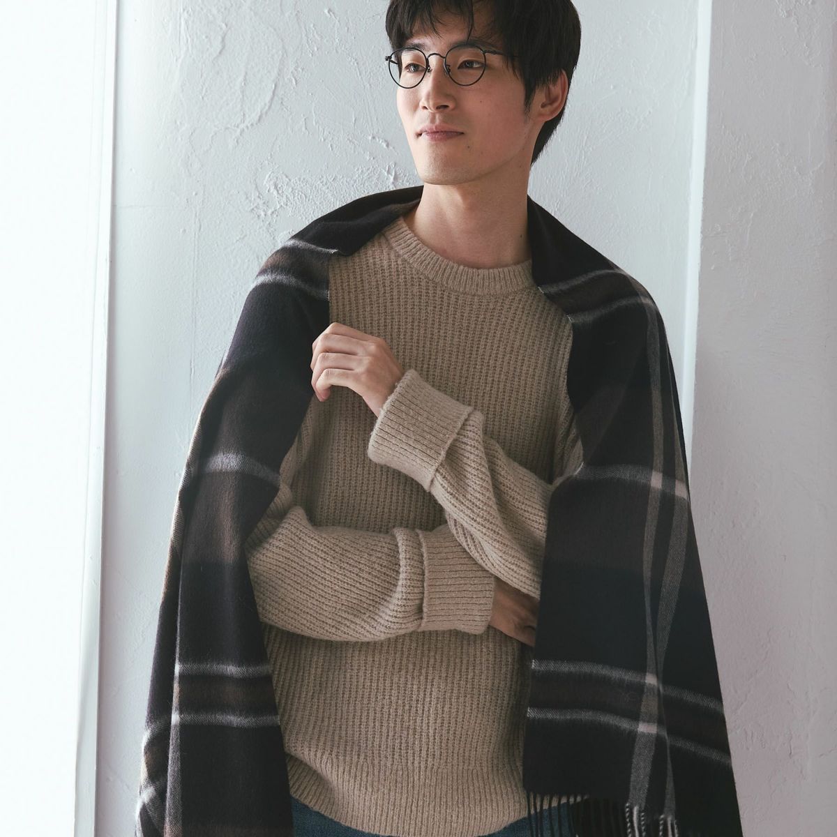 カシミヤ100%大判チェックストール＜ブラック＞