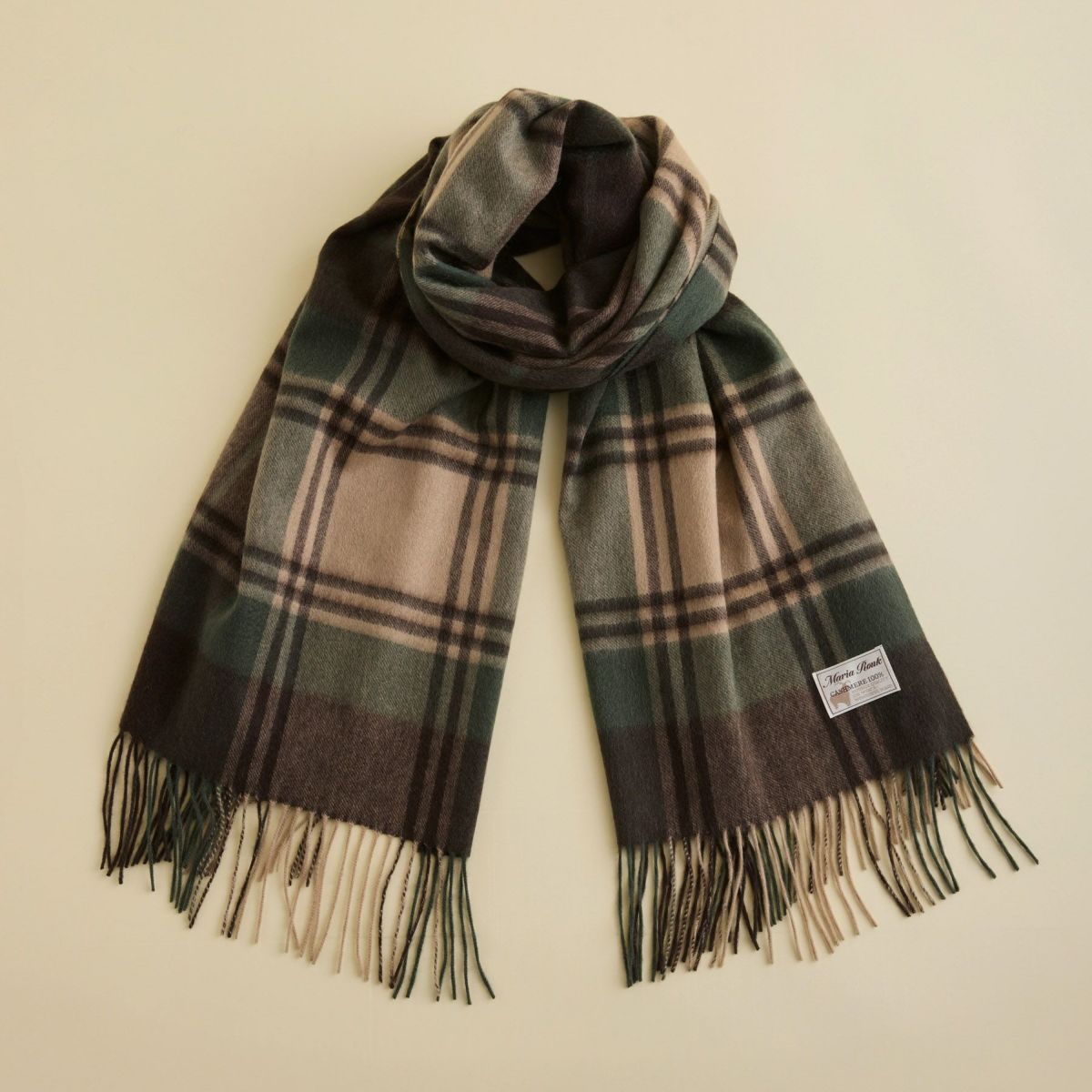 カシミヤ100%大判チェックストール＜カーキ＞