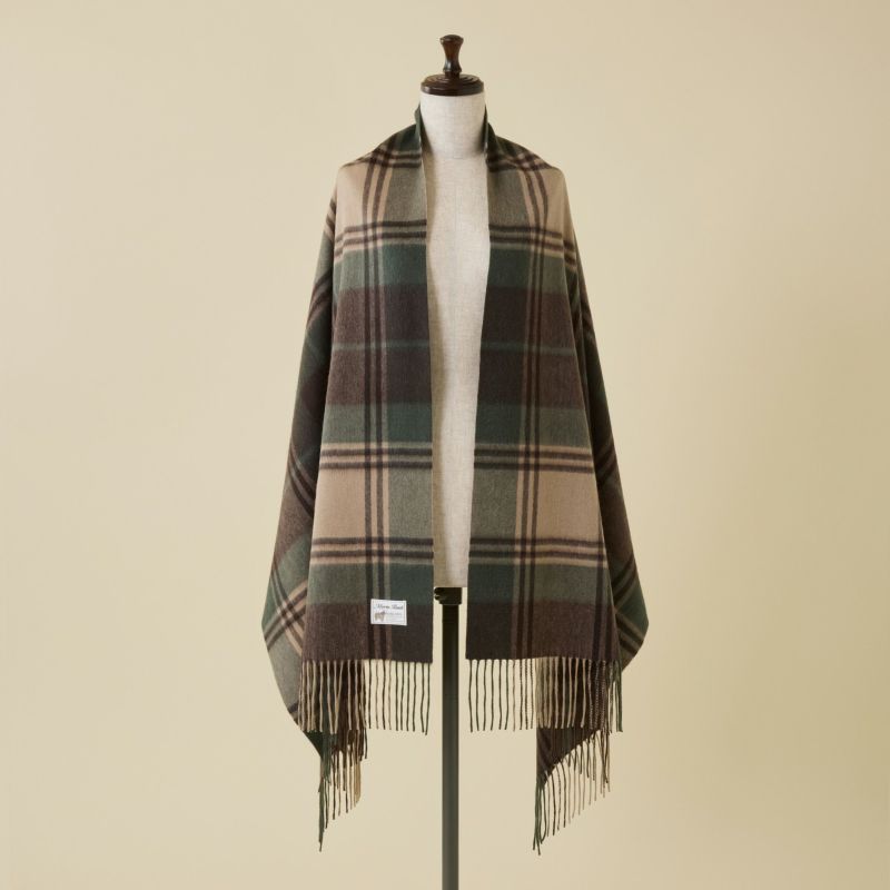 カシミヤ100%大判チェックストール＜カーキ＞