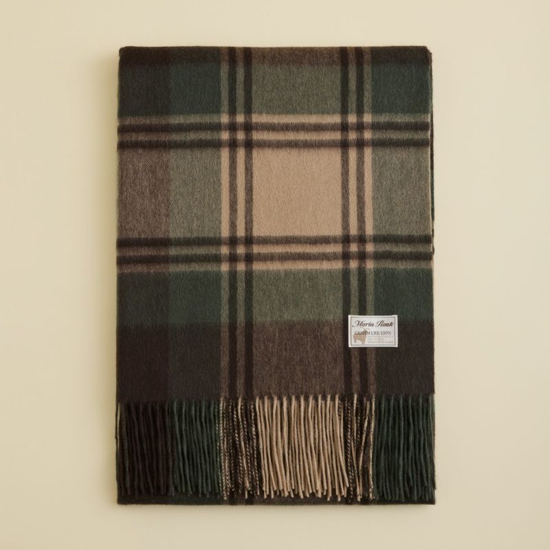 カシミヤ100%大判チェックストール＜カーキ＞