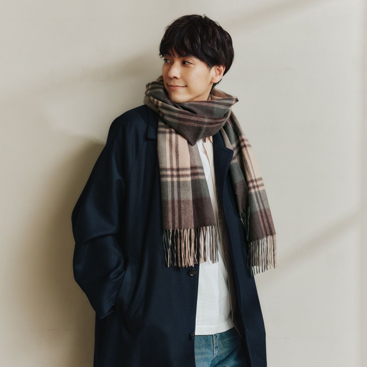 カシミヤ100%大判チェックストール＜カーキ＞