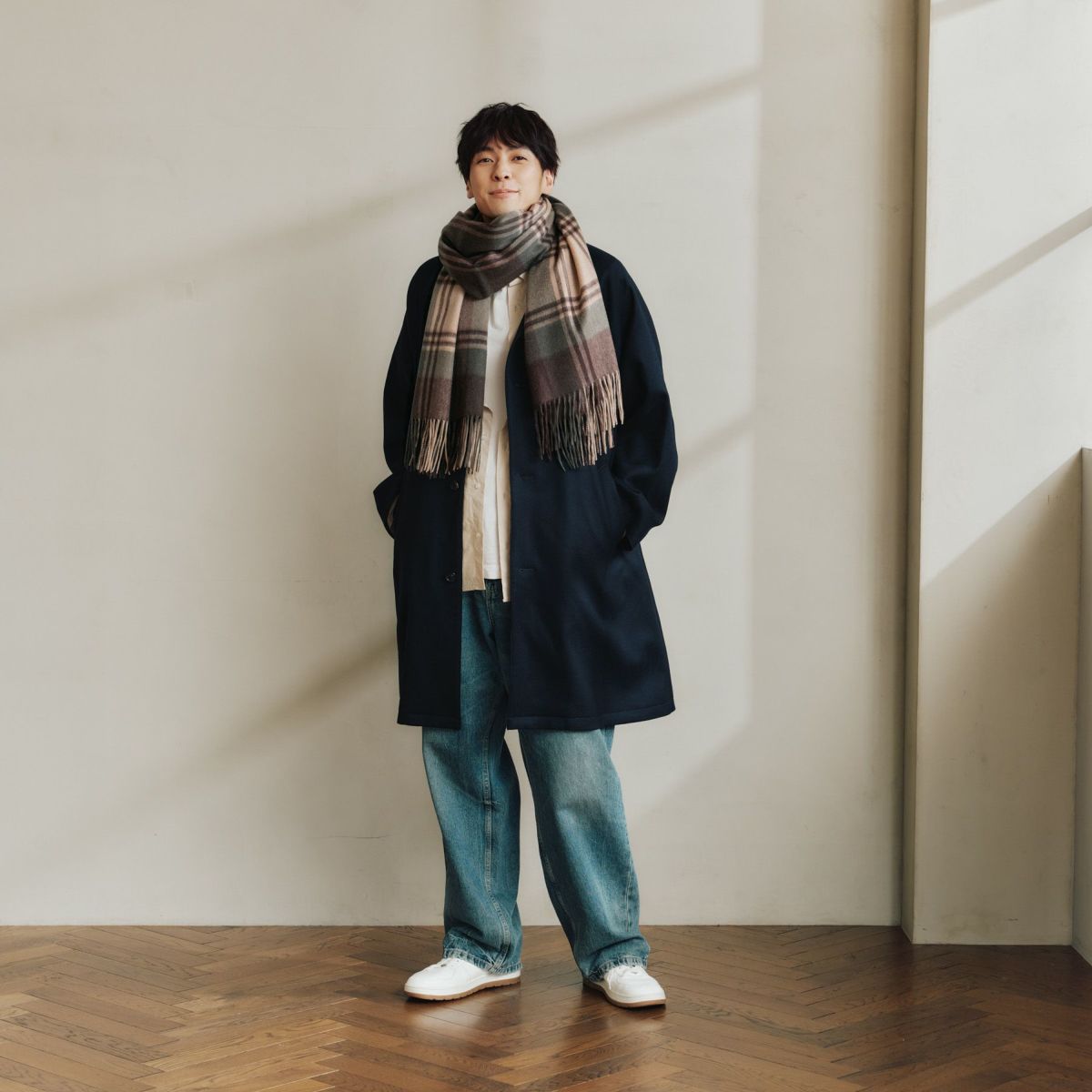 カシミヤ100%大判チェックストール＜カーキ＞