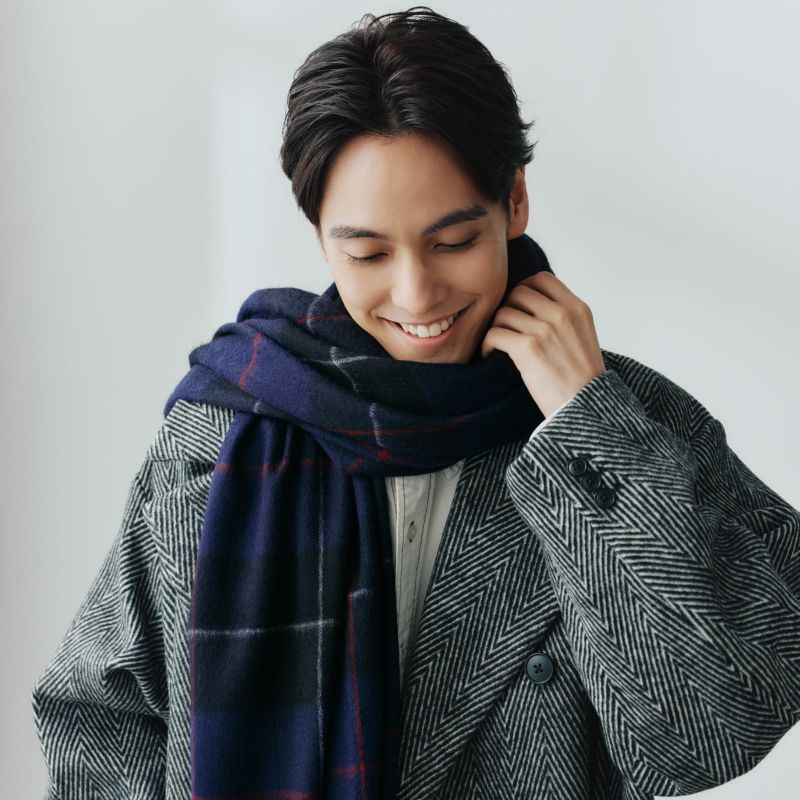カシミヤ100%大判チェックストール＜パープル＞