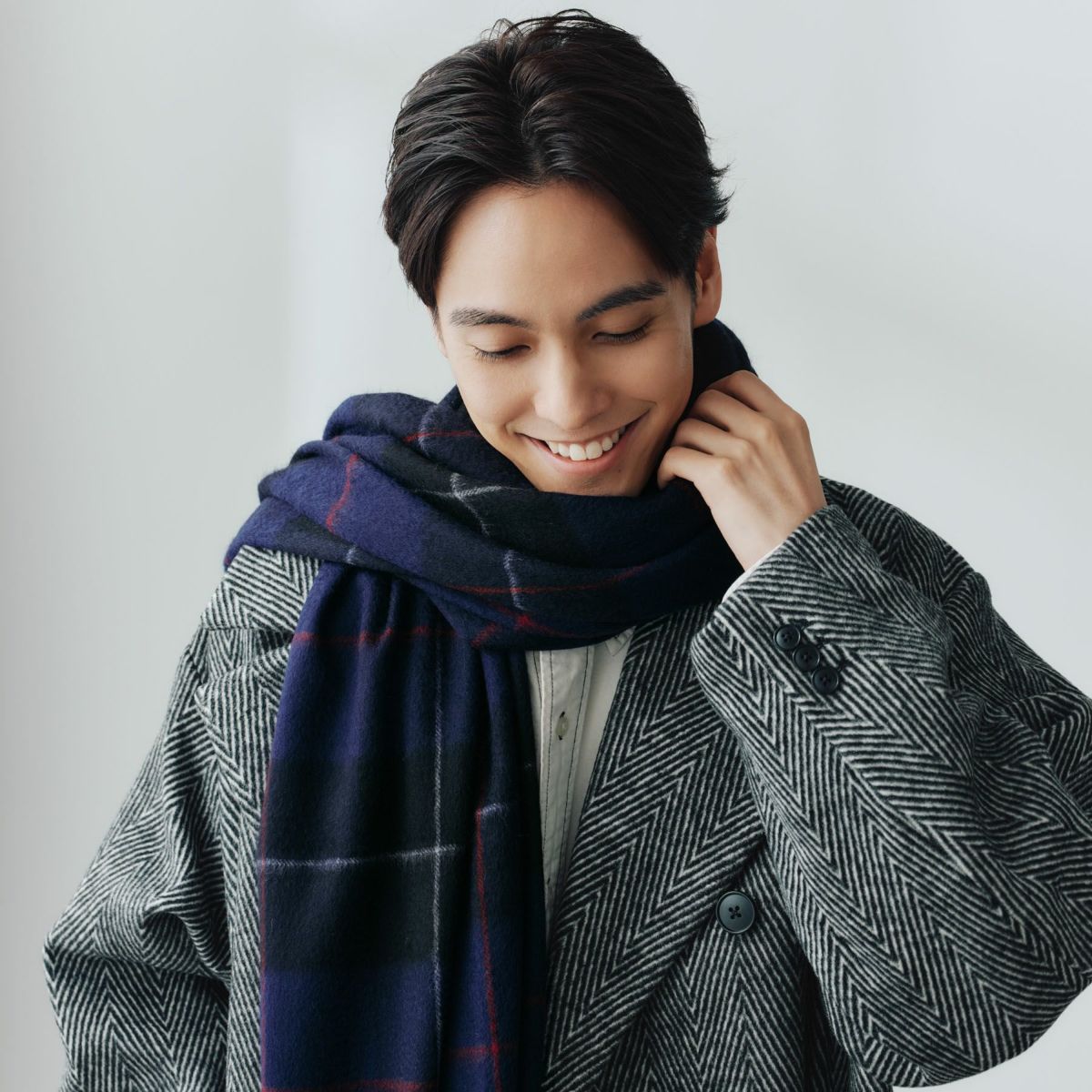 カシミヤ100%大判チェックストール＜パープル＞