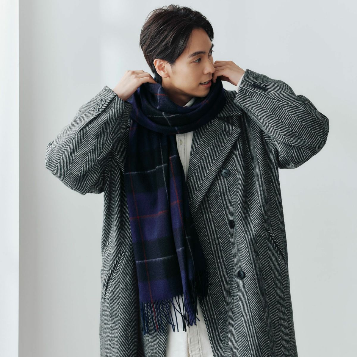 カシミヤ100%大判チェックストール＜パープル＞