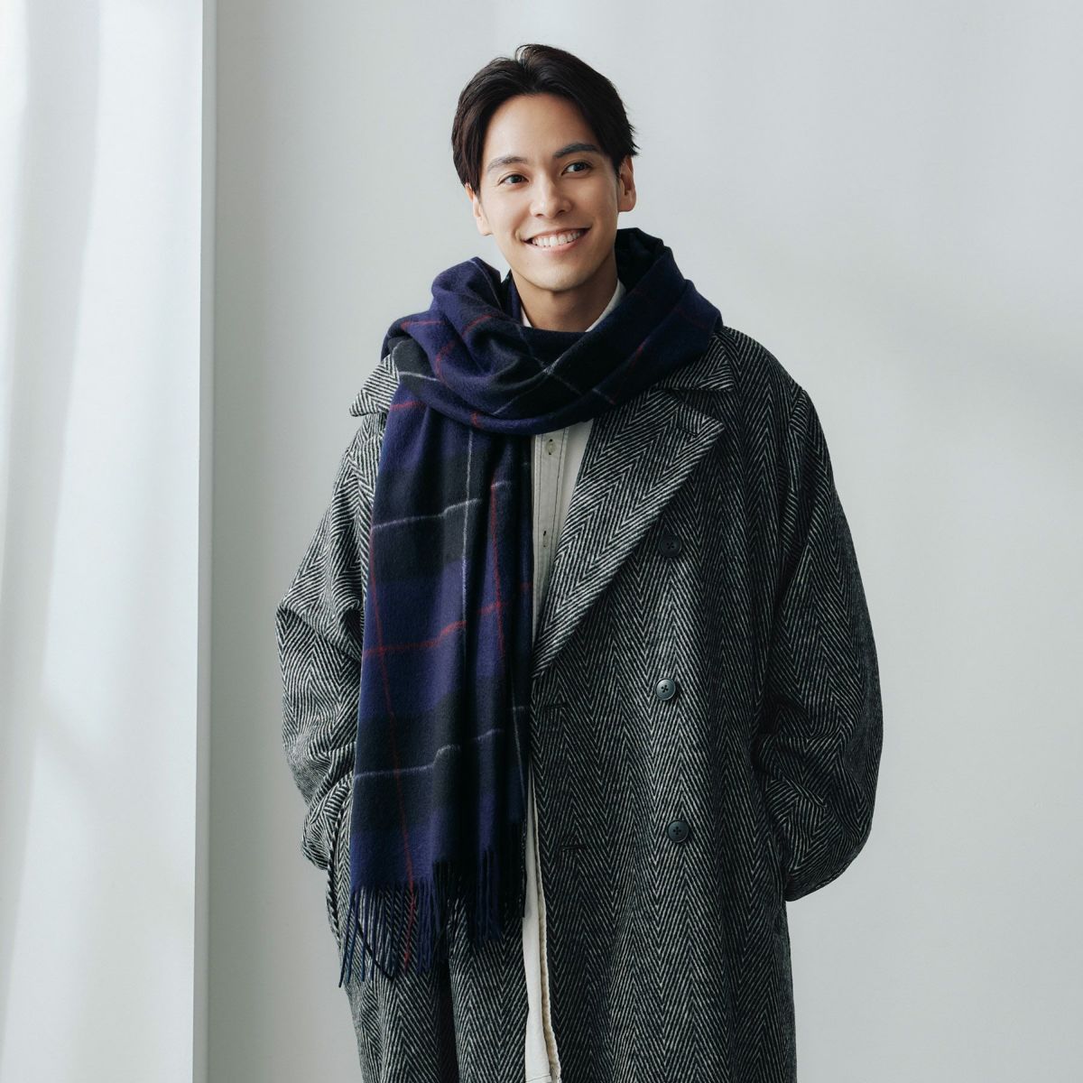 カシミヤ100%大判チェックストール＜パープル＞