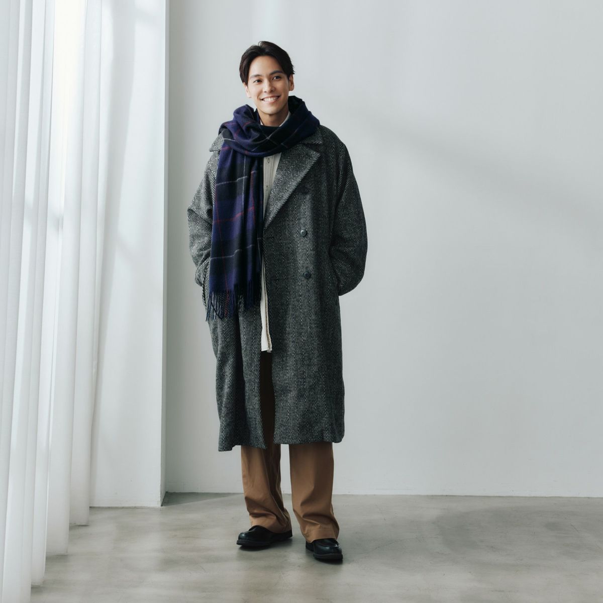 カシミヤ100%大判チェックストール＜パープル＞