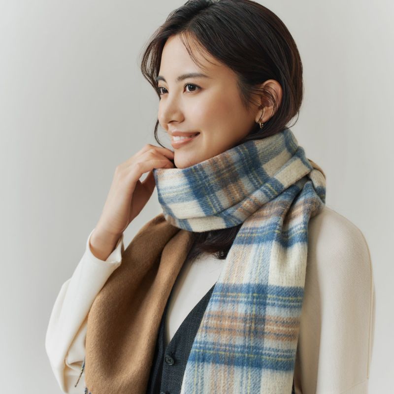 カシミヤブレンドチェックリバーシブルマフラー＜キャメル×ロイヤル