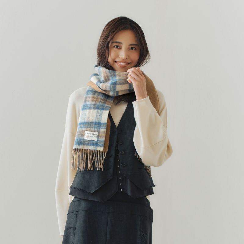 カシミヤブレンドチェックリバーシブルマフラー＜キャメル×ロイヤル