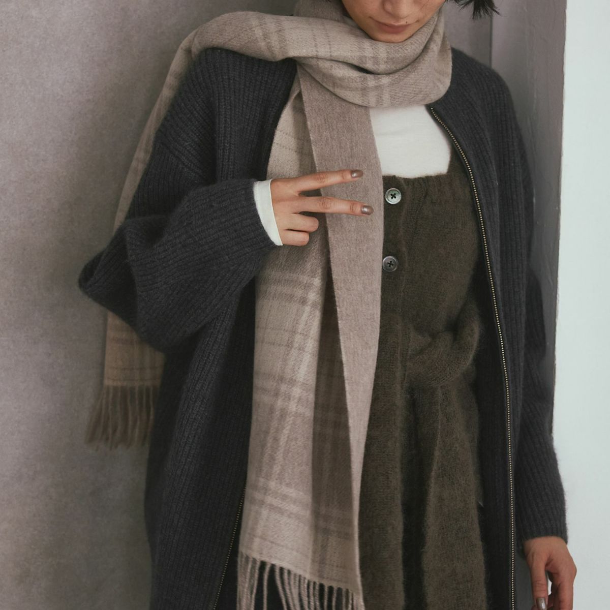  カシミヤブレンドチェックリバーシブルマフラー