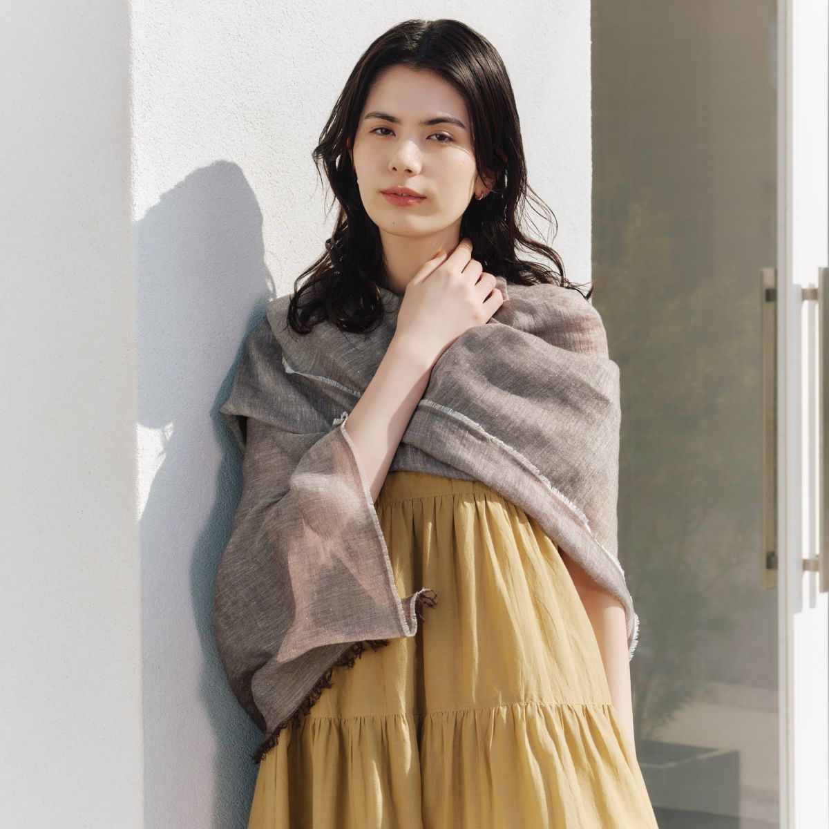  大判リネンコットンストール＜ブラウン＞ イタリア製