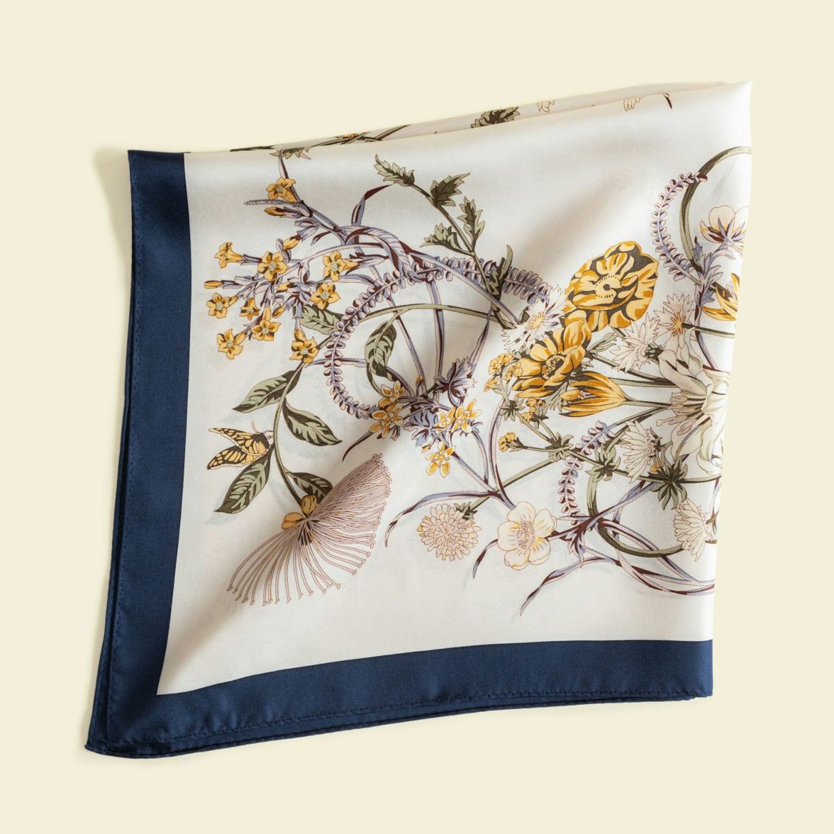  ボタニカルスカーフ＜ネイビー＞　シルク100%　日本製