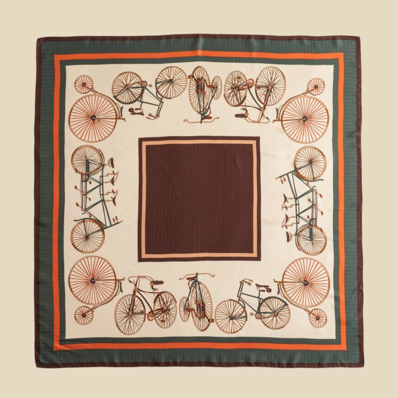 自転車柄スカーフ＜ブラウン＞　シルク100%　日本製