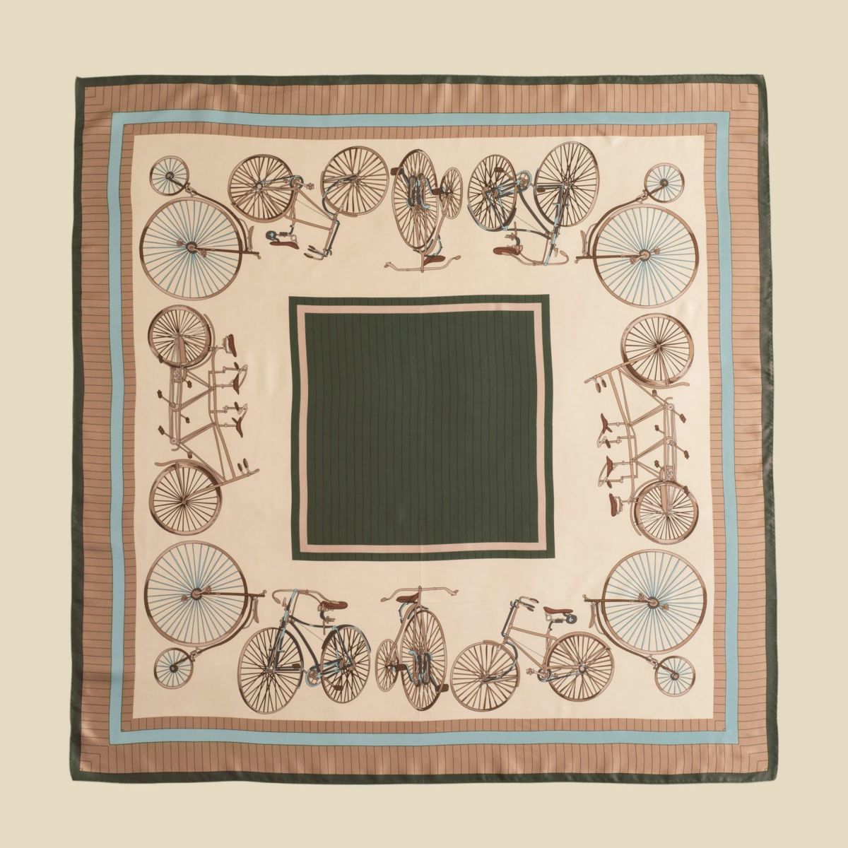 シルク100％　自転車柄スカーフのカーキ