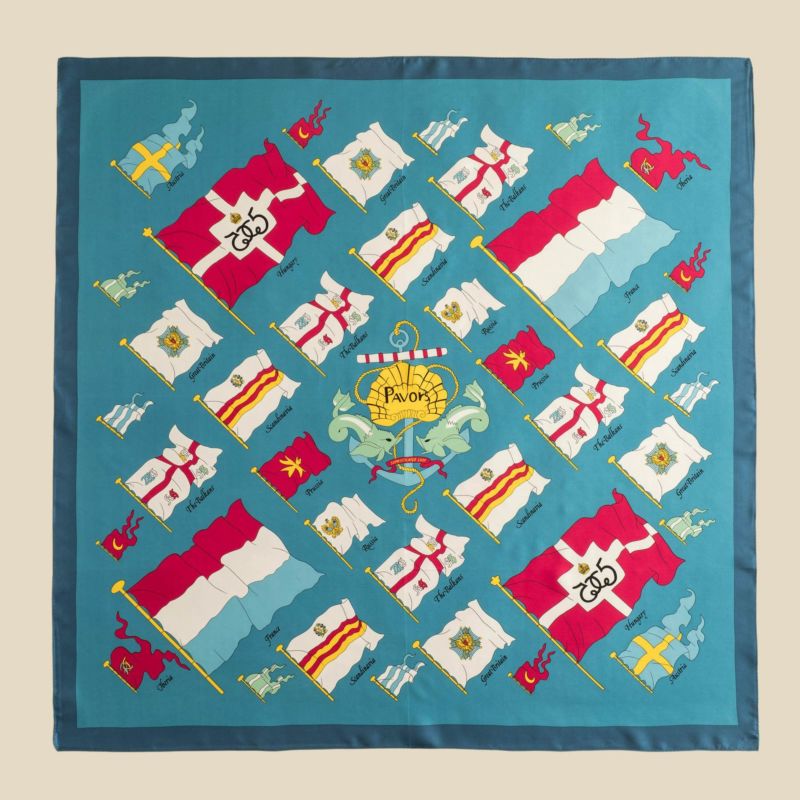 旗柄スカーフ＜グリーン＞　シルク100%　日本製